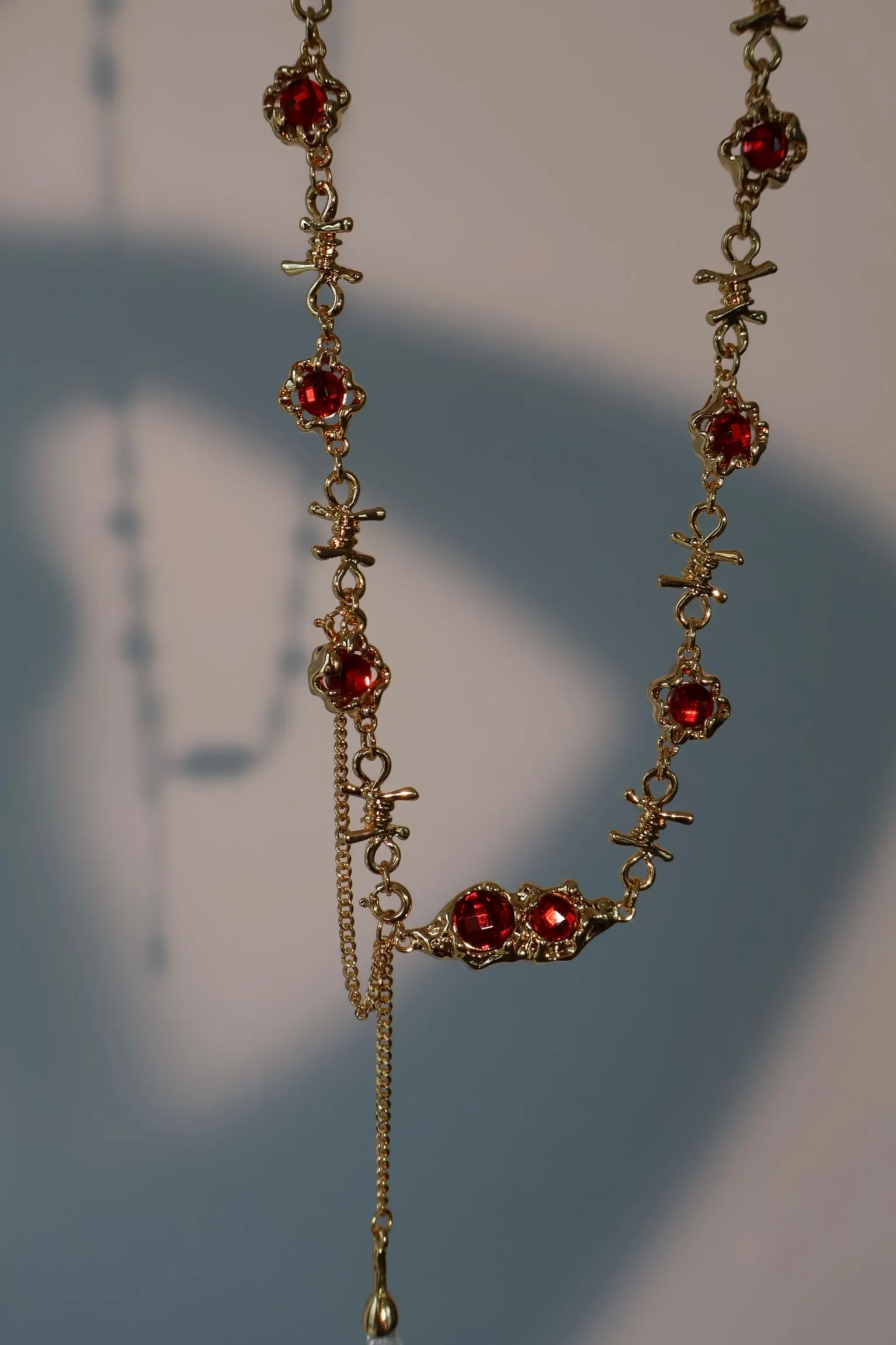 18K Real Gold Plated Multi Wearing Long Red Gem Twist Necklace (Waist Chain)