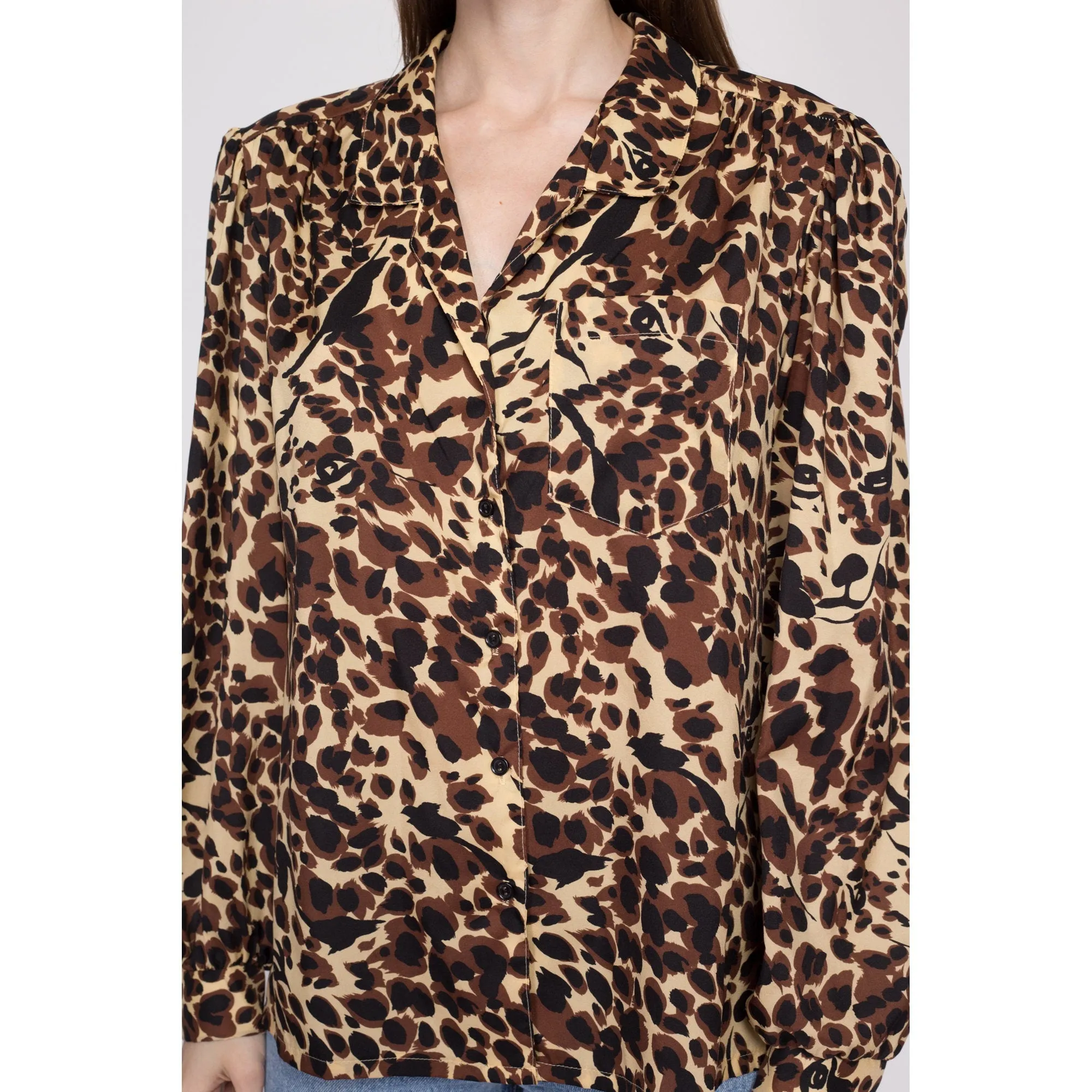 80s Leopard Print Balloon Sleeve Blouse - Extra Large