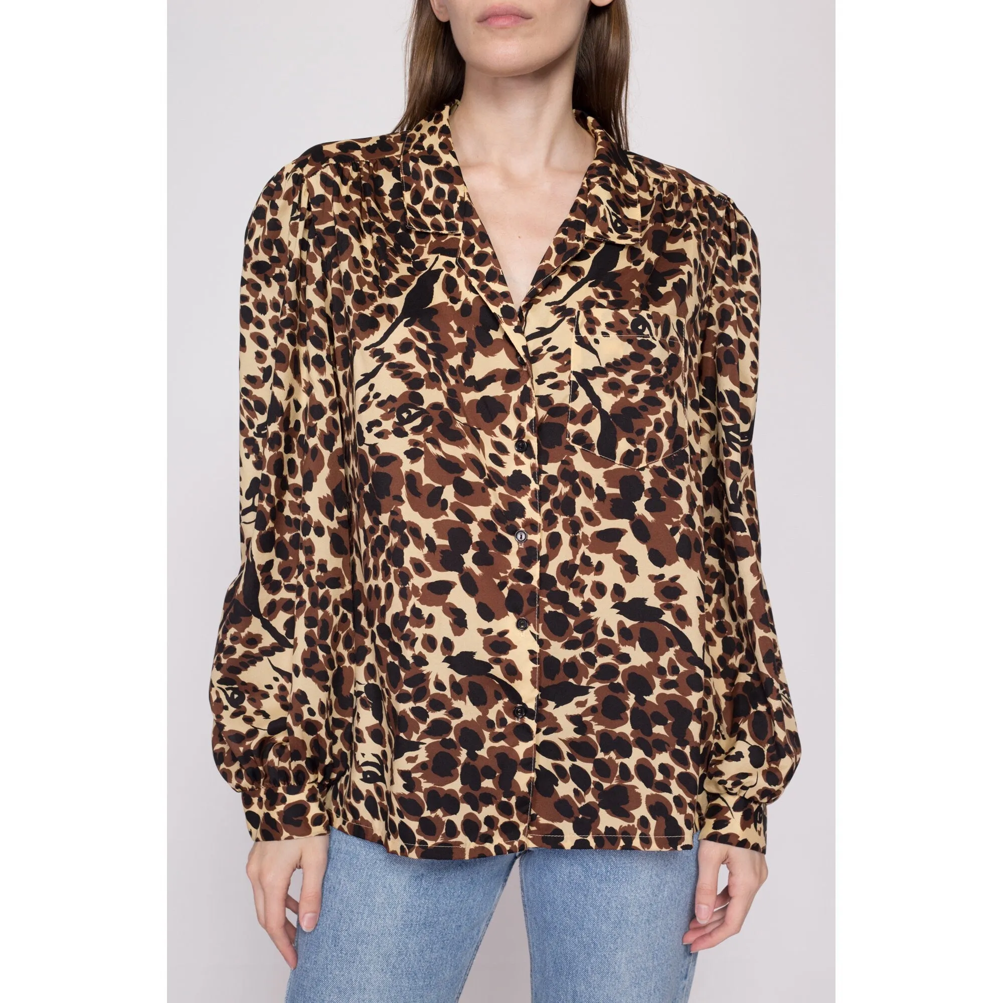 80s Leopard Print Balloon Sleeve Blouse - Extra Large