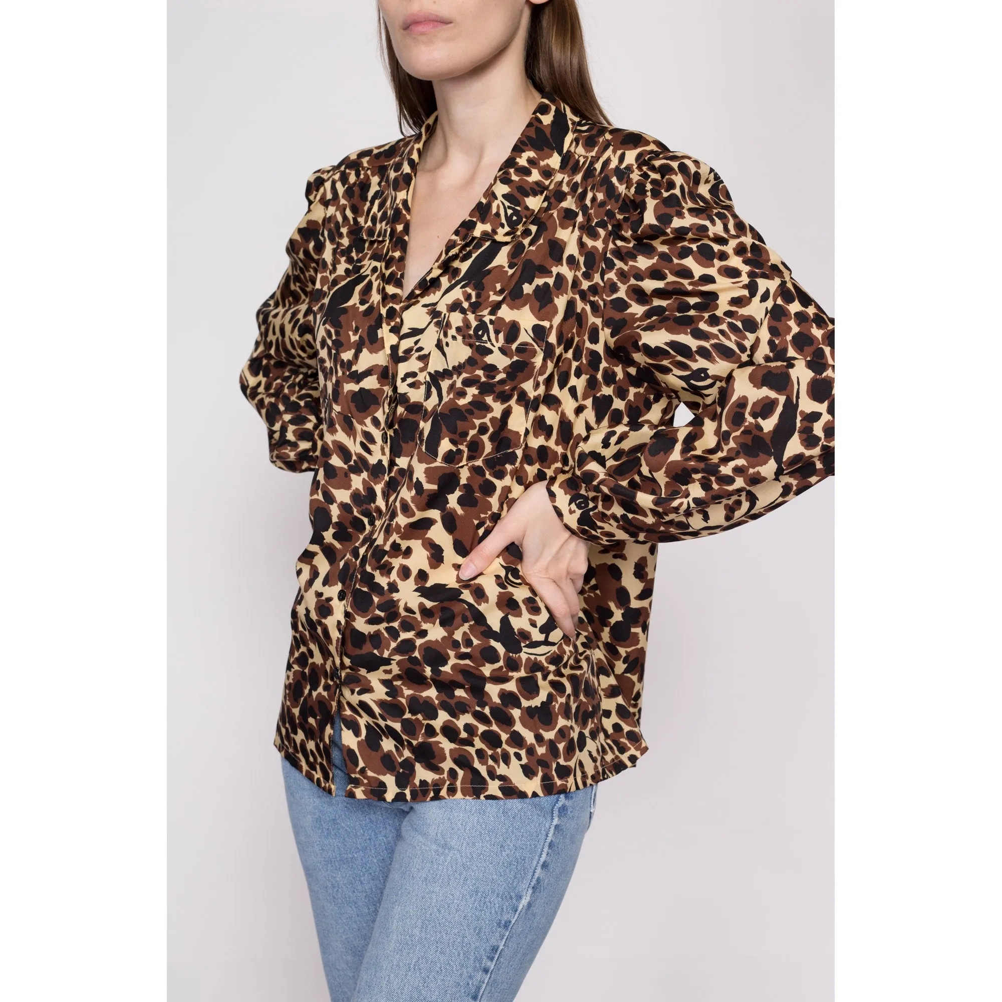 80s Leopard Print Balloon Sleeve Blouse - Extra Large