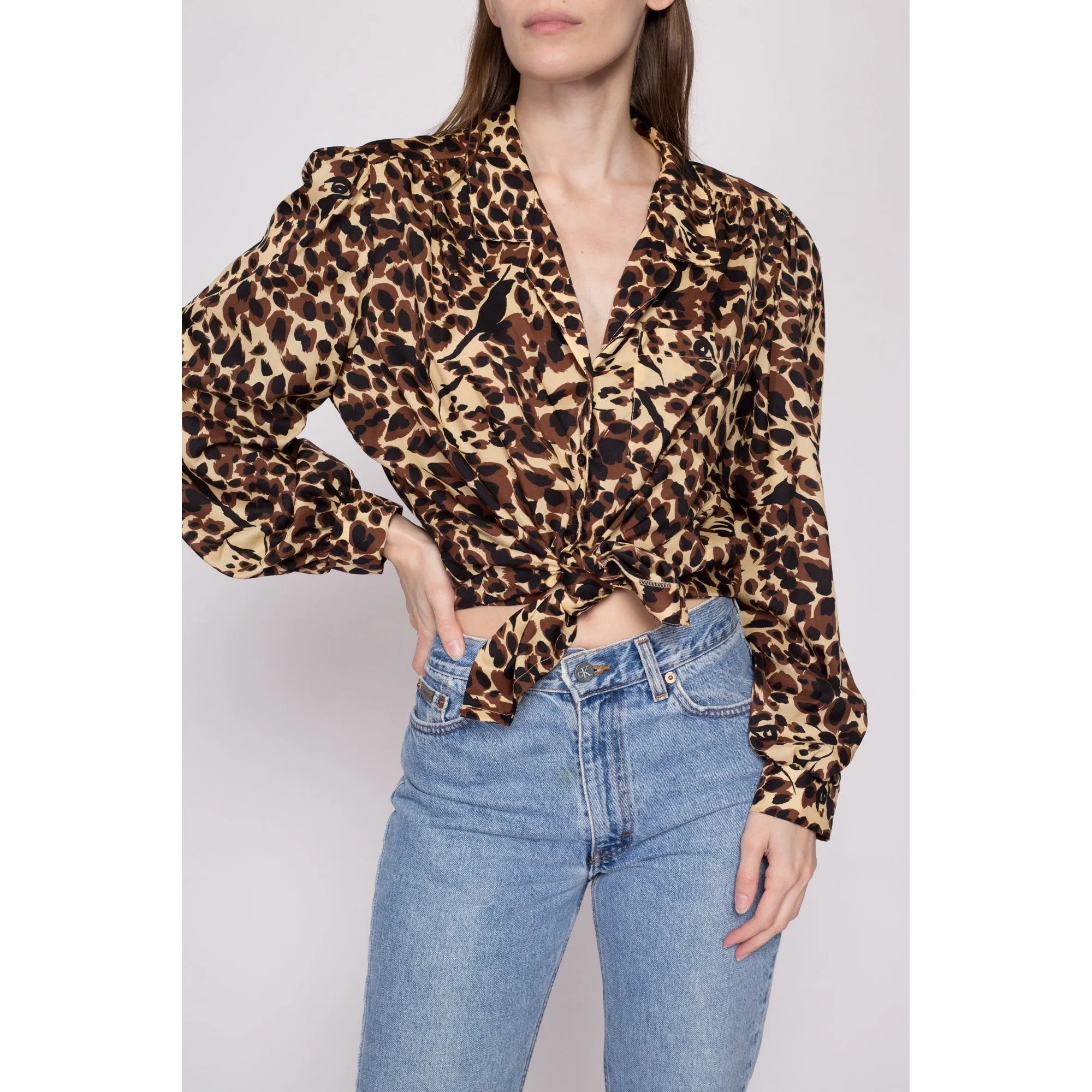 80s Leopard Print Balloon Sleeve Blouse - Extra Large