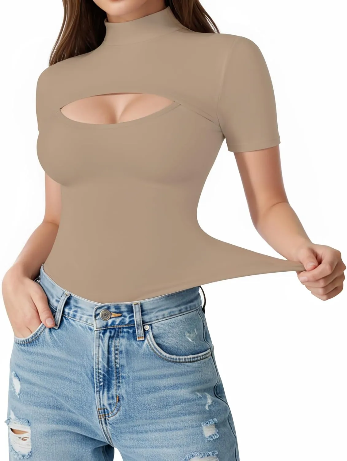 ALGALAROUND Short Long Sleeve Shirts for Women Basic Mock Turtle Neck Cut Out Tops Going Out T-Shirt Tee