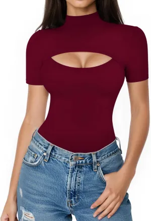 ALGALAROUND Short Long Sleeve Shirts for Women Basic Mock Turtle Neck Cut Out Tops Going Out T-Shirt Tee