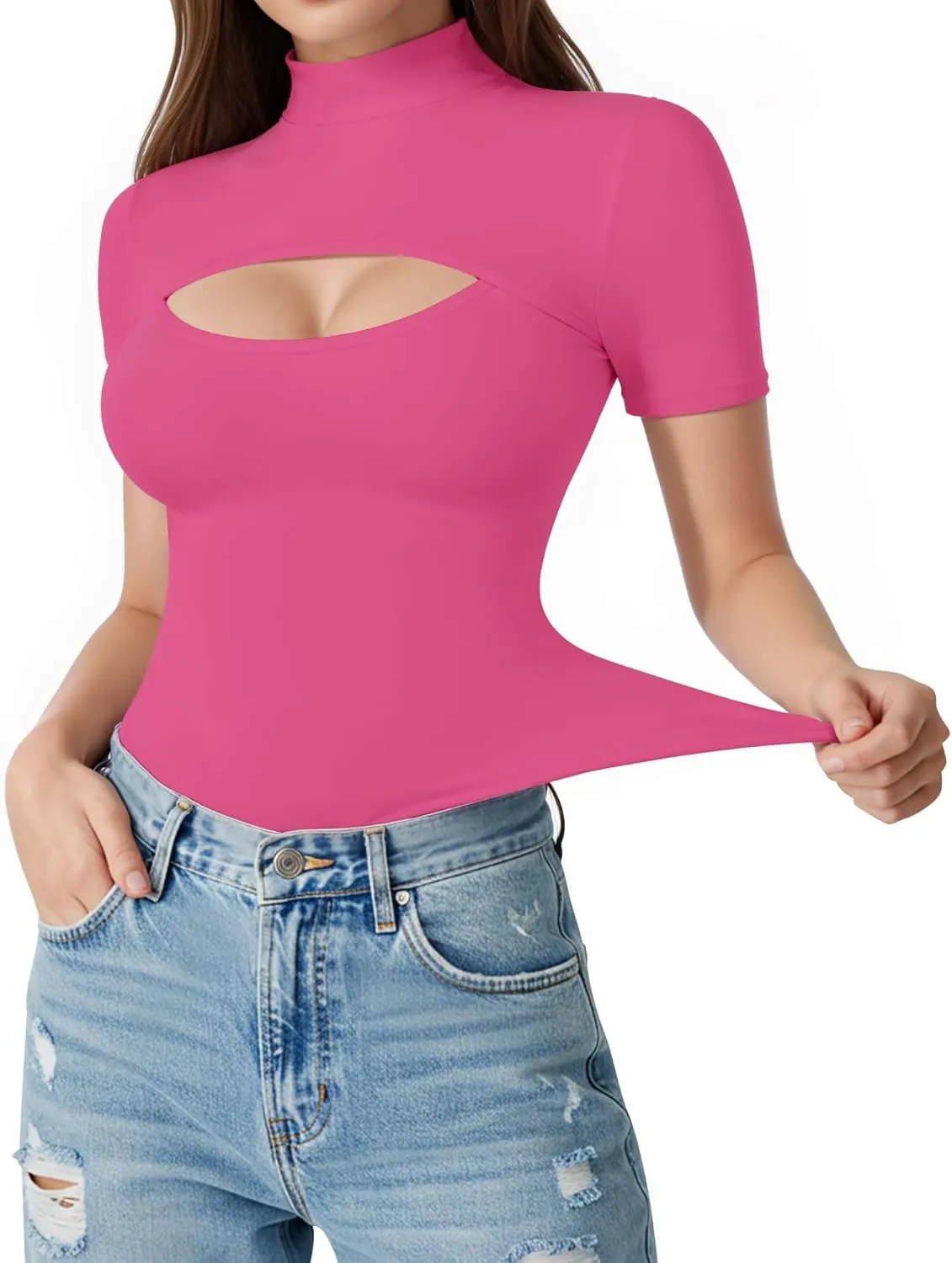 ALGALAROUND Short Long Sleeve Shirts for Women Basic Mock Turtle Neck Cut Out Tops Going Out T-Shirt Tee