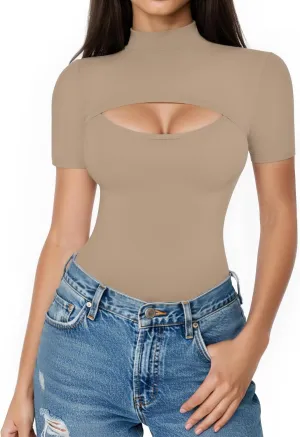 ALGALAROUND Short Long Sleeve Shirts for Women Basic Mock Turtle Neck Cut Out Tops Going Out T-Shirt Tee