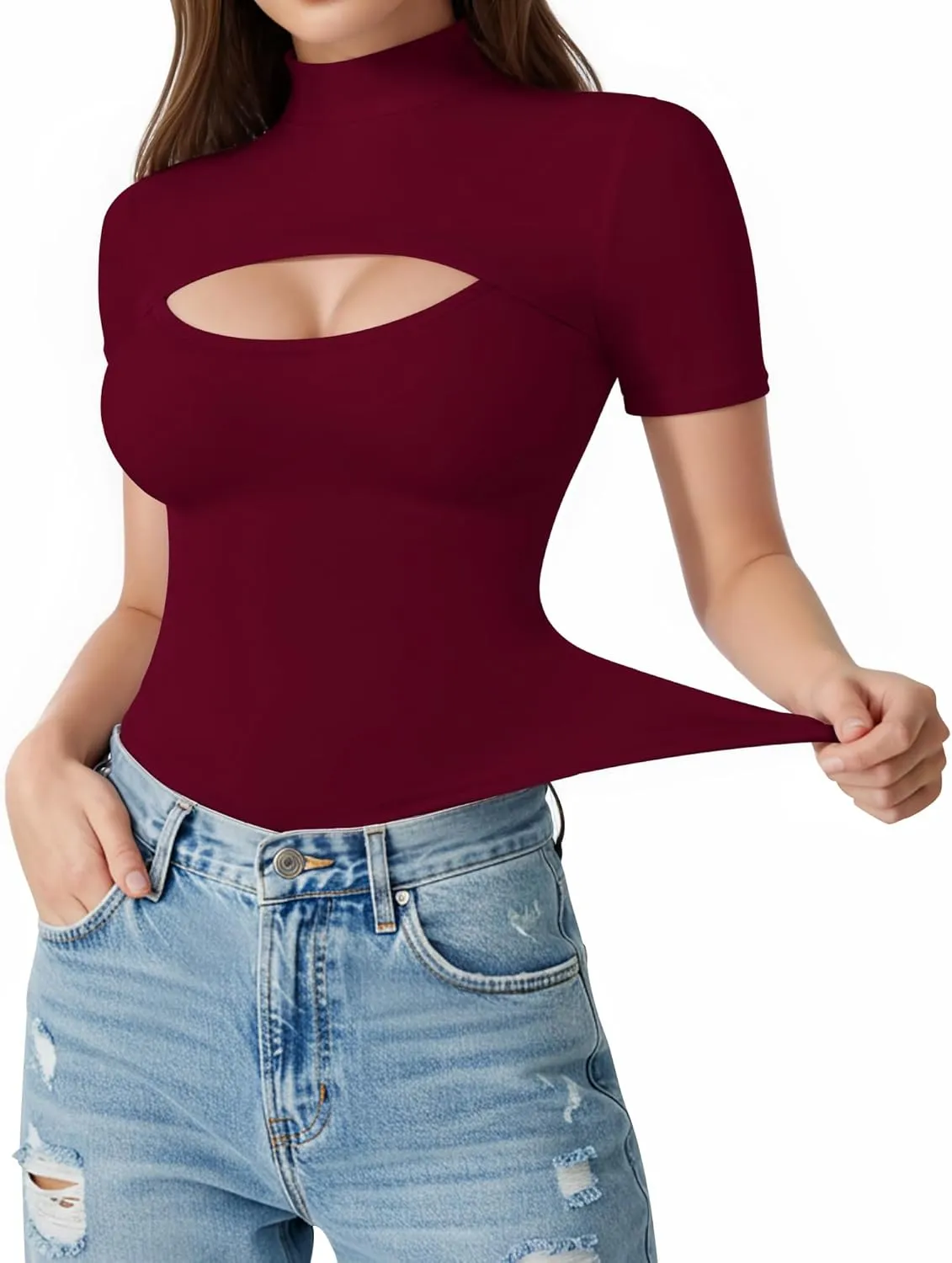 ALGALAROUND Short Long Sleeve Shirts for Women Basic Mock Turtle Neck Cut Out Tops Going Out T-Shirt Tee