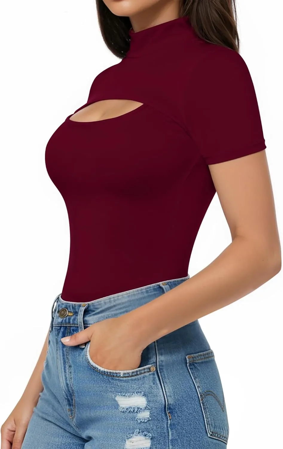 ALGALAROUND Short Long Sleeve Shirts for Women Basic Mock Turtle Neck Cut Out Tops Going Out T-Shirt Tee