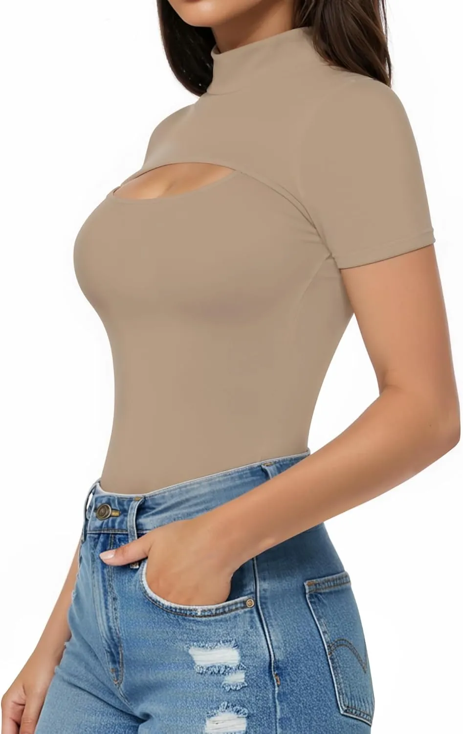 ALGALAROUND Short Long Sleeve Shirts for Women Basic Mock Turtle Neck Cut Out Tops Going Out T-Shirt Tee