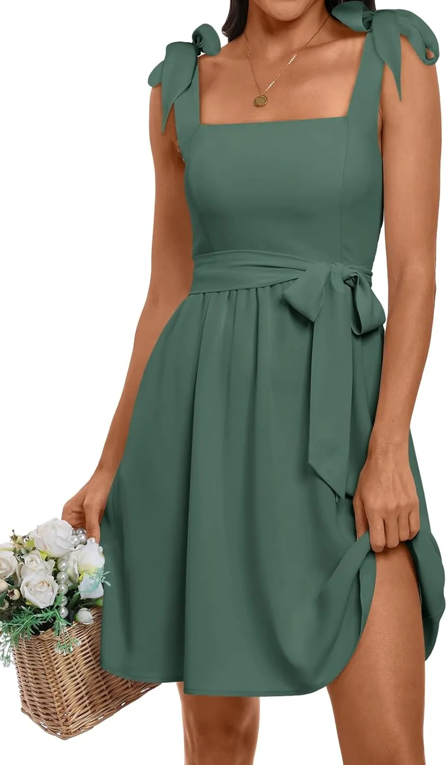 ANRABESS Women's Sleeveless Tie Strap Mini Dress Summer Square Neck Smocked A Line Swing Elegant Cute Cocktail Short Dresses
