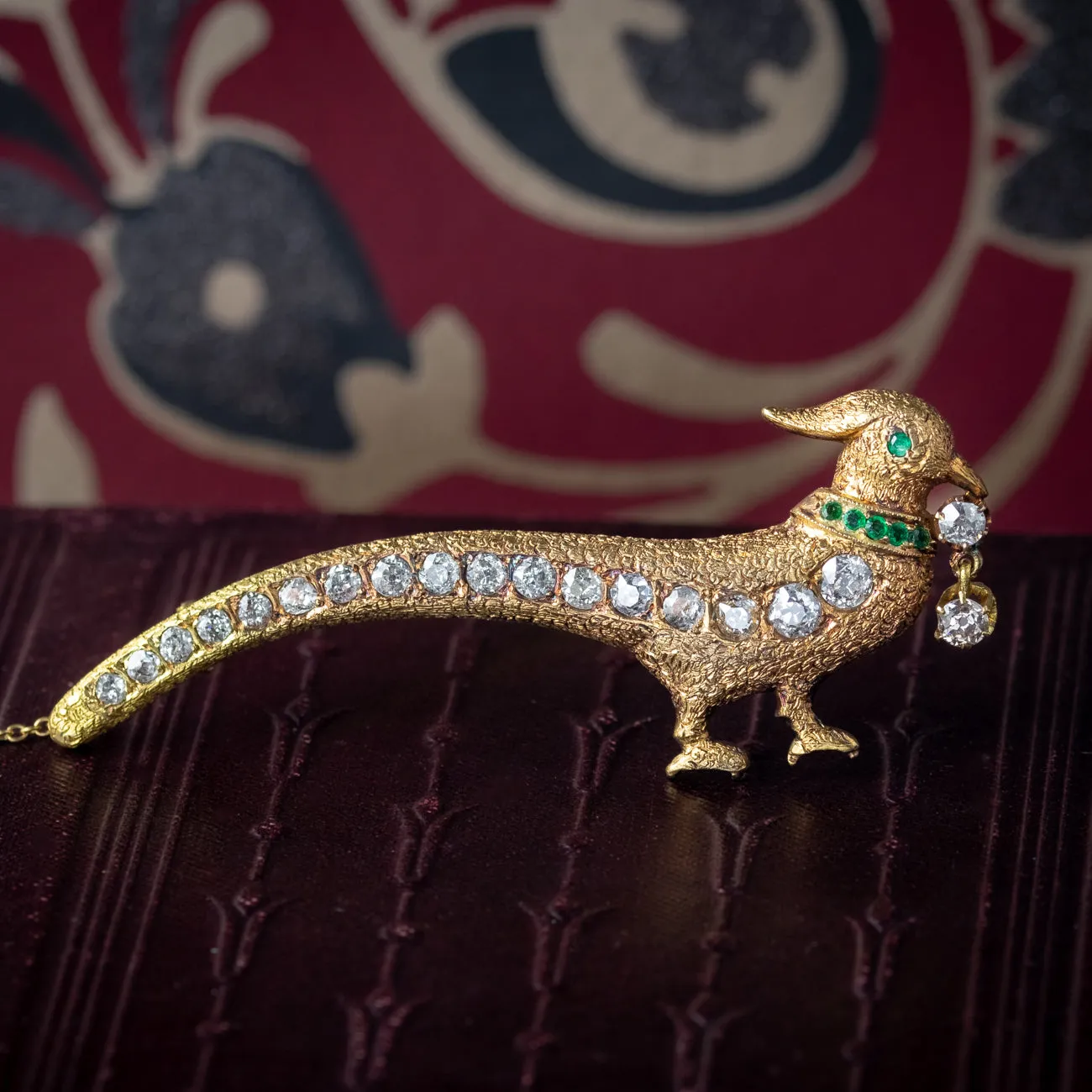 Antique Edwardian Pheasant Brooch Diamond Emerald 18ct Gold