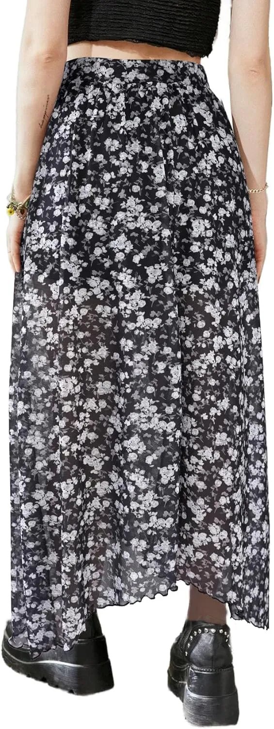 Avanova Women Sun Print Mesh Side Slits Split Midi Skirt Asymmetrical High Waisted Long Skirt