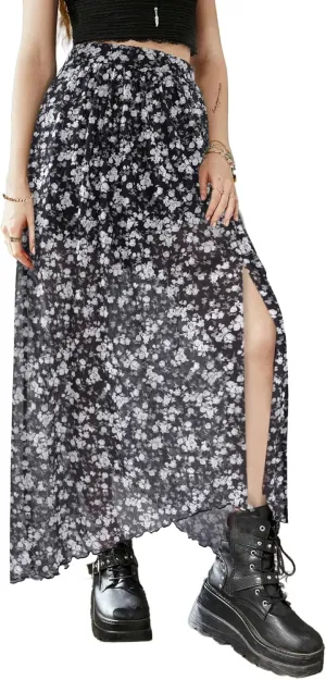 Avanova Women Sun Print Mesh Side Slits Split Midi Skirt Asymmetrical High Waisted Long Skirt
