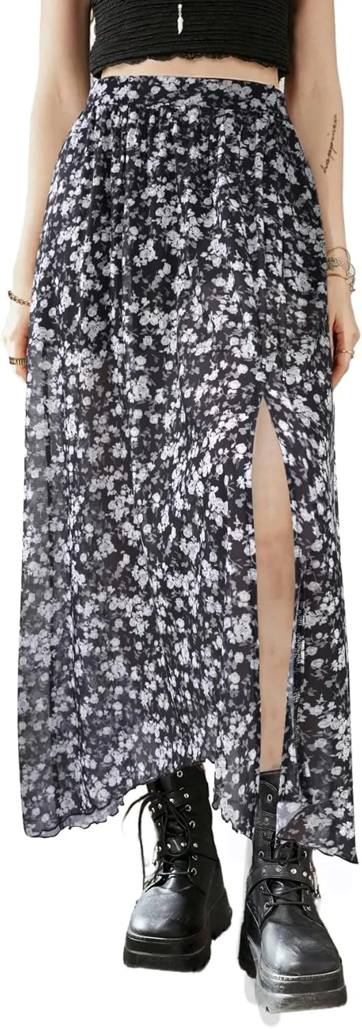 Avanova Women Sun Print Mesh Side Slits Split Midi Skirt Asymmetrical High Waisted Long Skirt