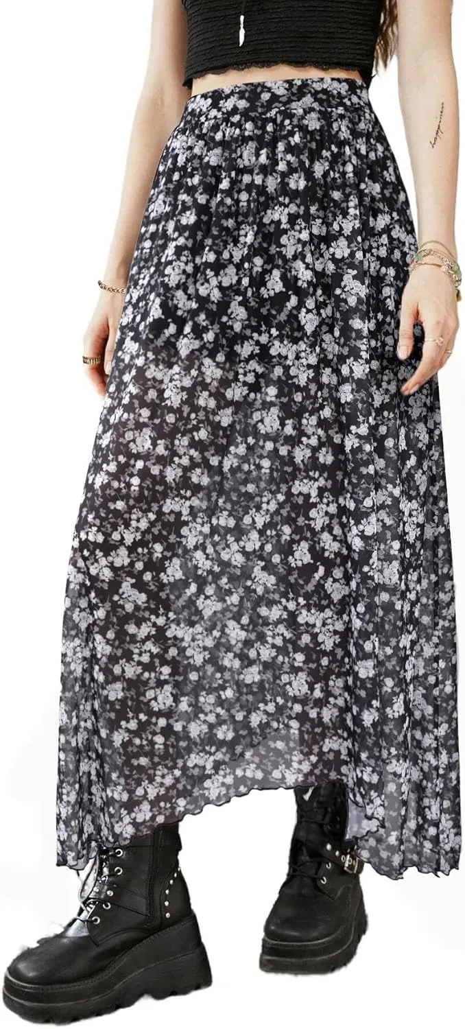Avanova Women Sun Print Mesh Side Slits Split Midi Skirt Asymmetrical High Waisted Long Skirt