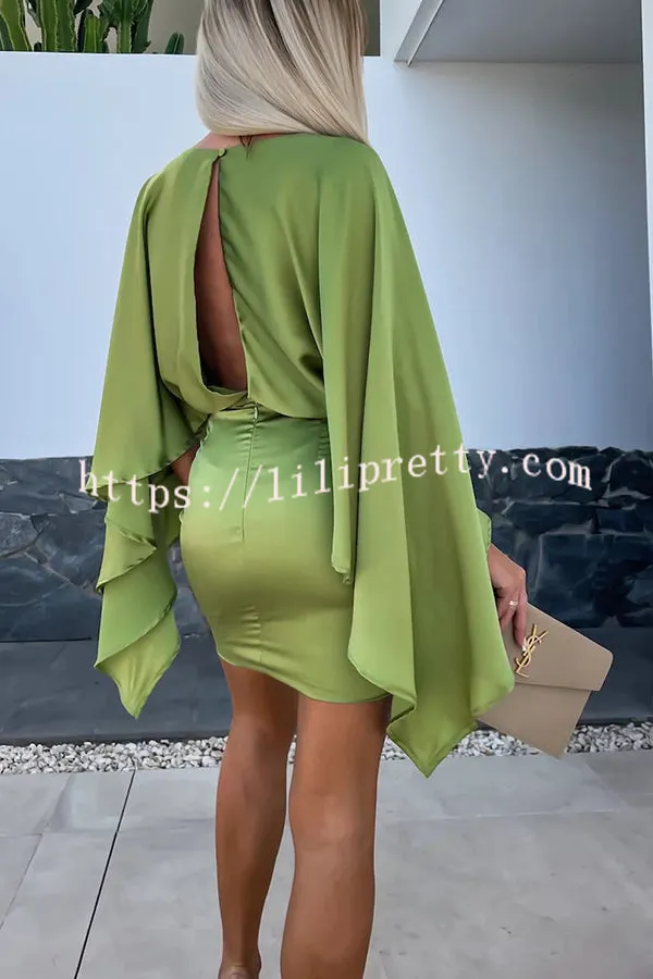 Beautiful Wings Satin Butterfly Sleeves Elastic Waist Formal Mini Dress
