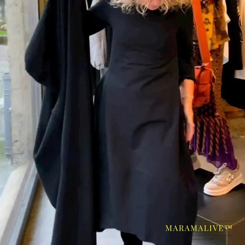 Black Round-neck Long-sleeved Dress Women's Clothing