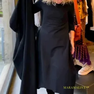 Black Round-neck Long-sleeved Dress Women's Clothing