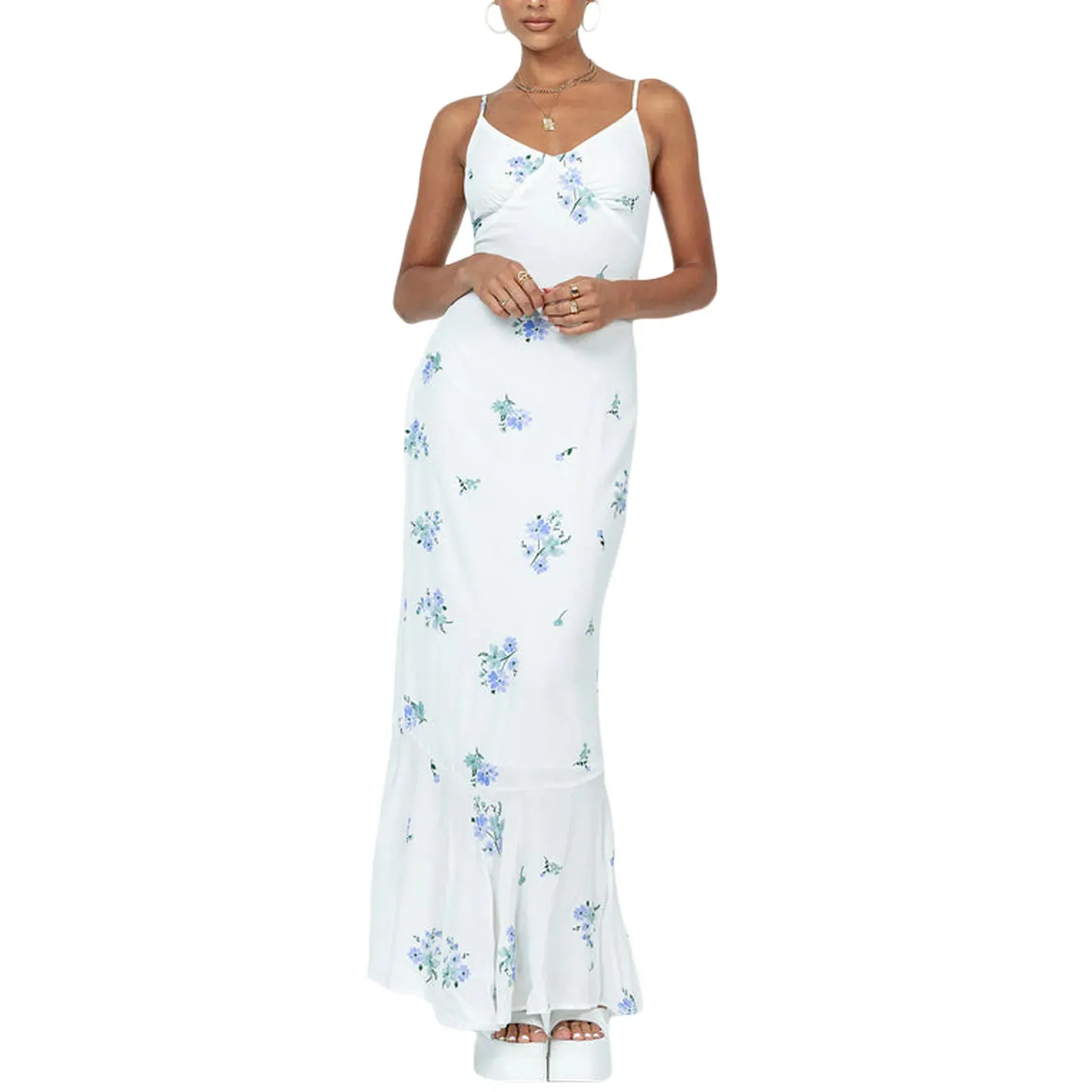 Bodycon Long Floral Print V-Neck Cami Fish Tail Hem Backless Party Casual Sleeveless Dress