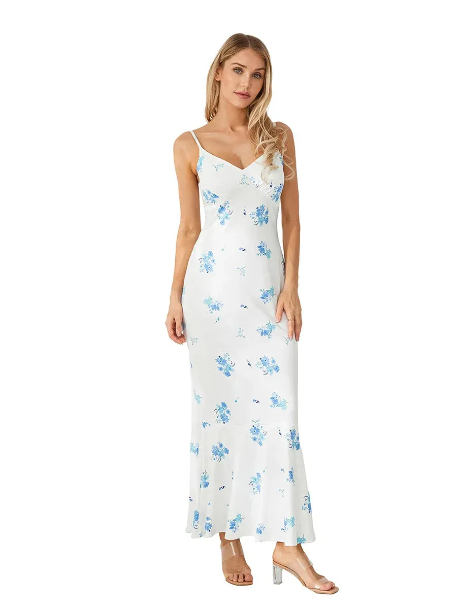 Bodycon Long Floral Print V-Neck Cami Fish Tail Hem Backless Party Casual Sleeveless Dress