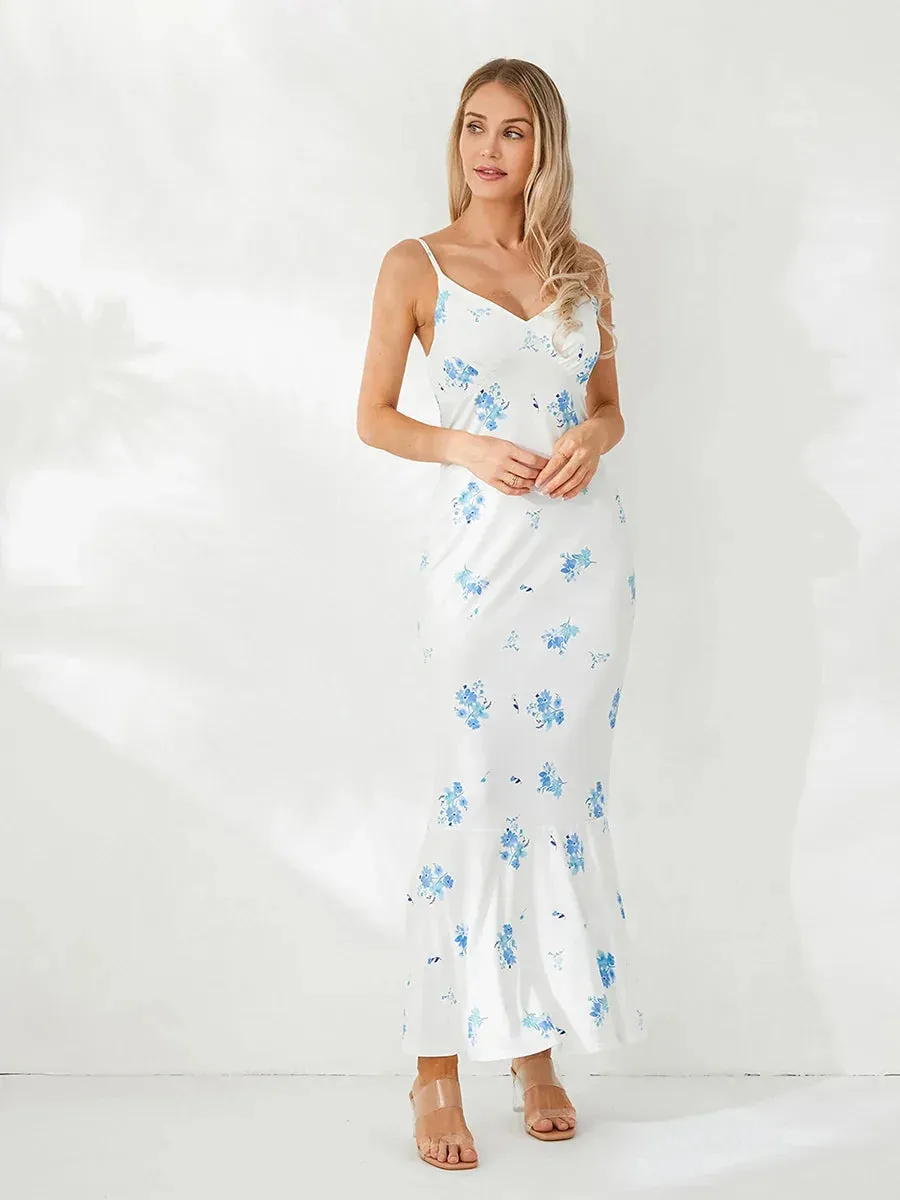 Bodycon Long Floral Print V-Neck Cami Fish Tail Hem Backless Party Casual Sleeveless Dress