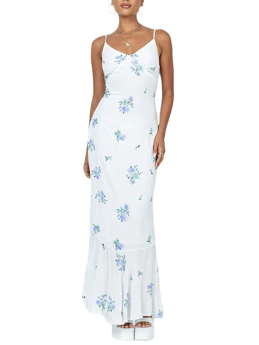 Bodycon Long Floral Print V-Neck Cami Fish Tail Hem Backless Party Casual Sleeveless Dress