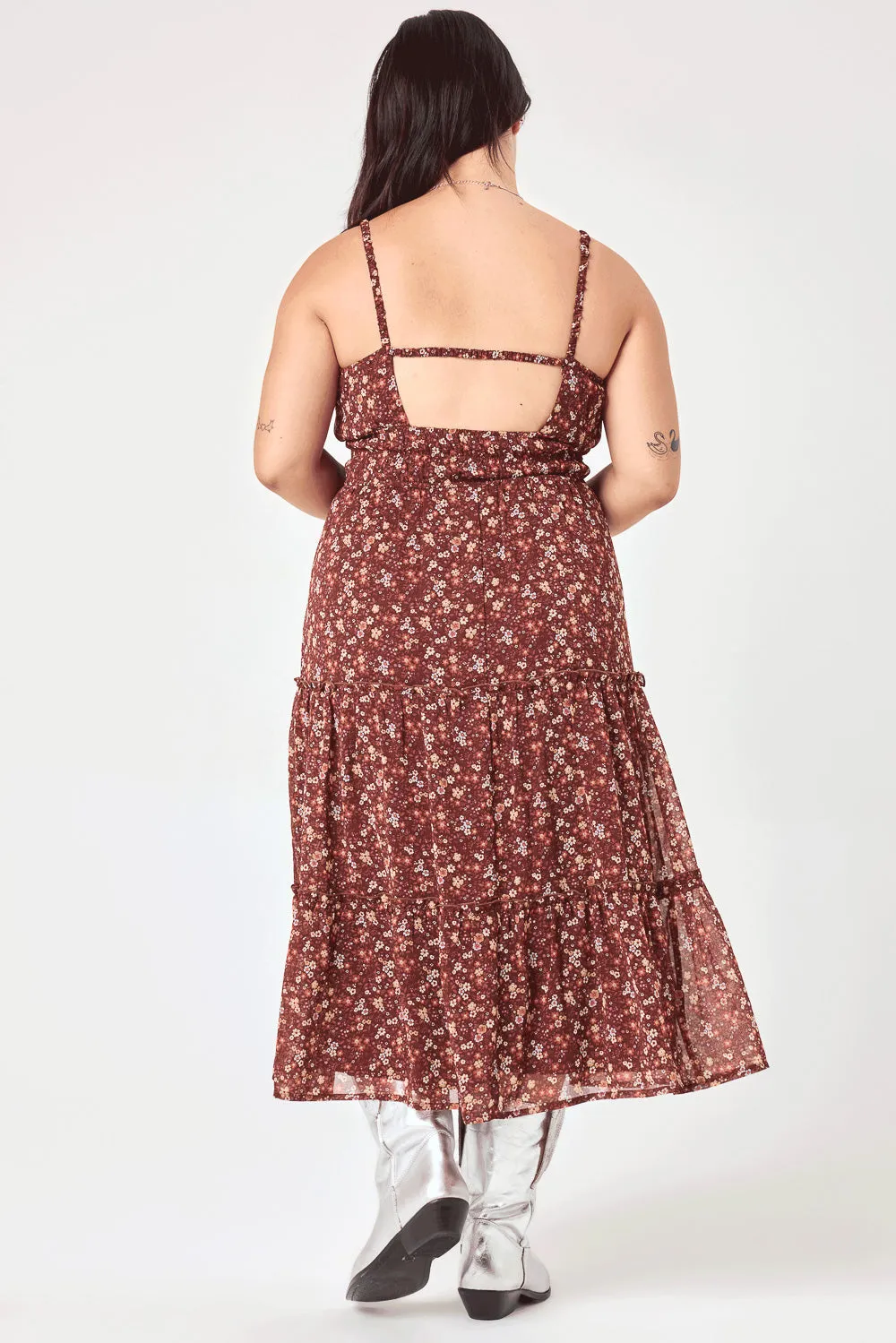Brown Floral Cinched Waist Tier Dress