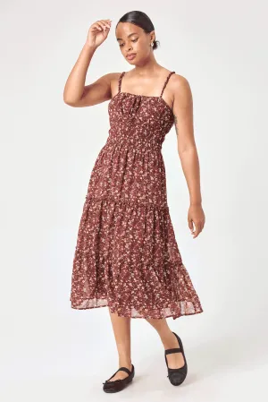 Brown Floral Cinched Waist Tier Dress