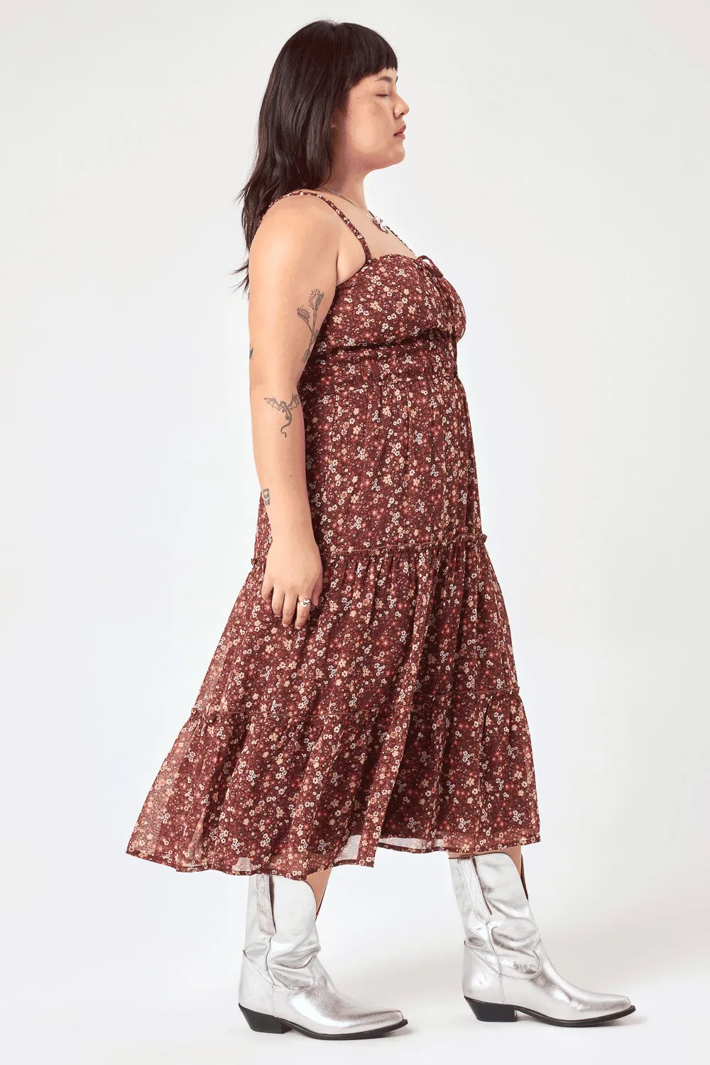Brown Floral Cinched Waist Tier Dress