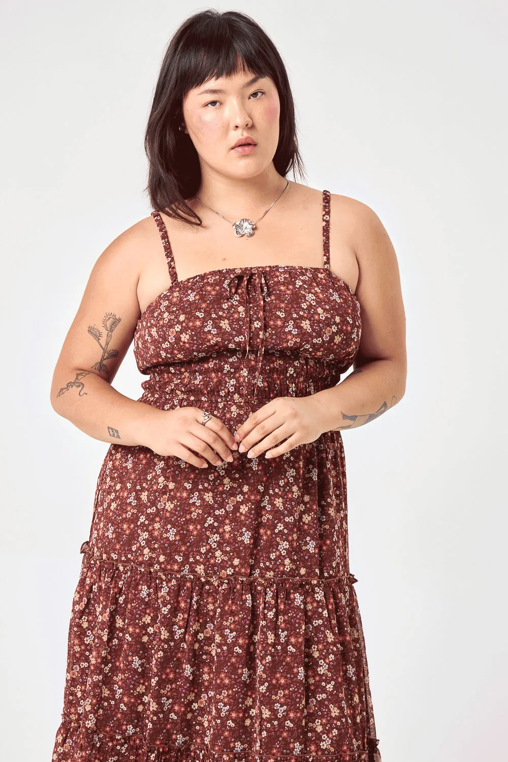 Brown Floral Cinched Waist Tier Dress