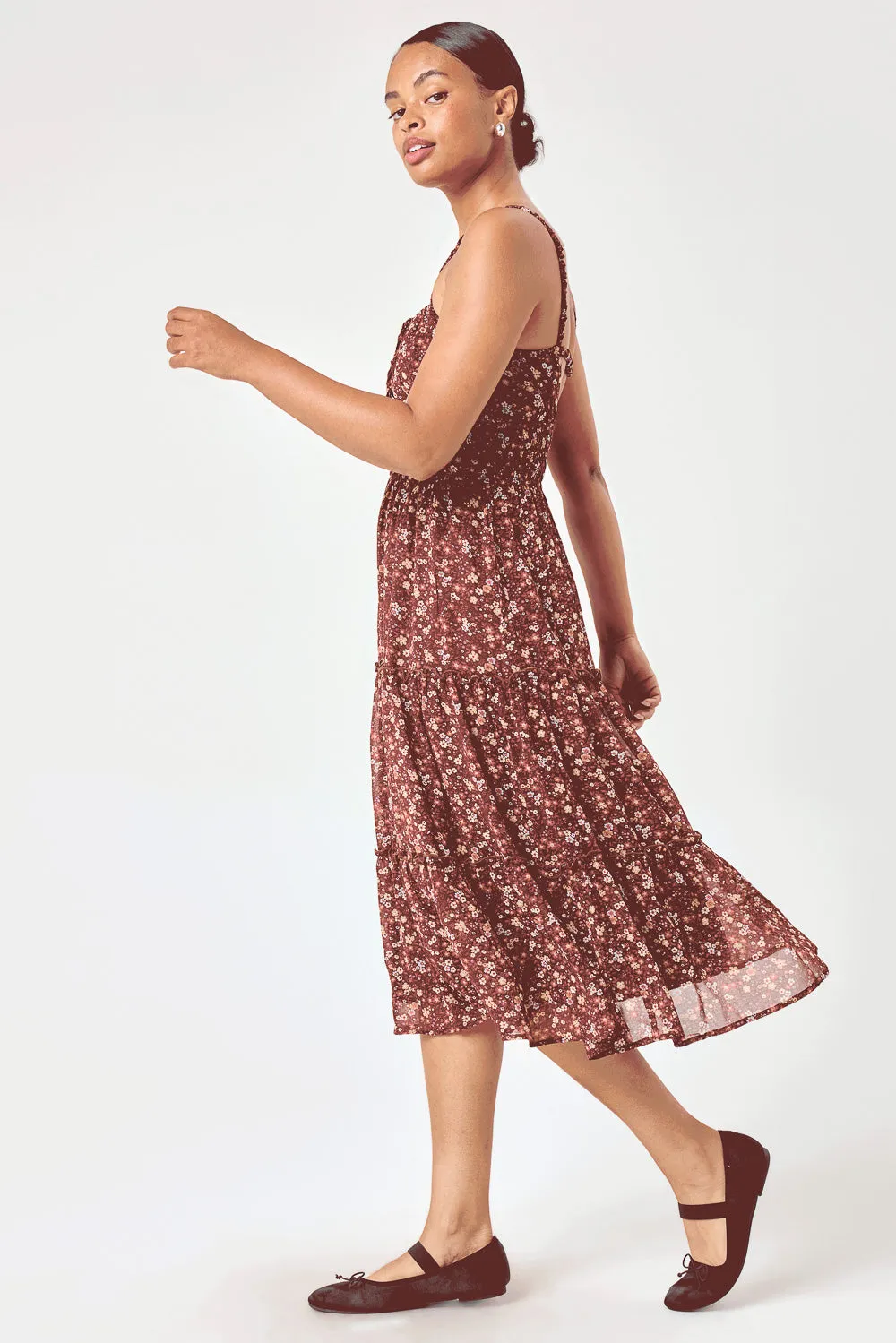 Brown Floral Cinched Waist Tier Dress