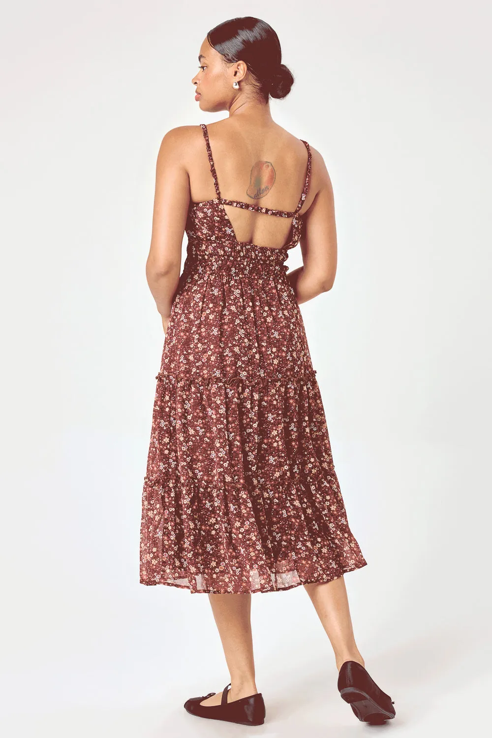 Brown Floral Cinched Waist Tier Dress