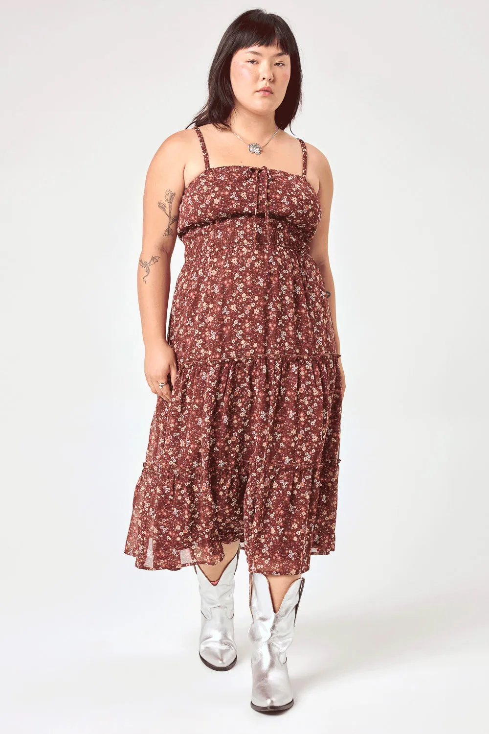 Brown Floral Cinched Waist Tier Dress