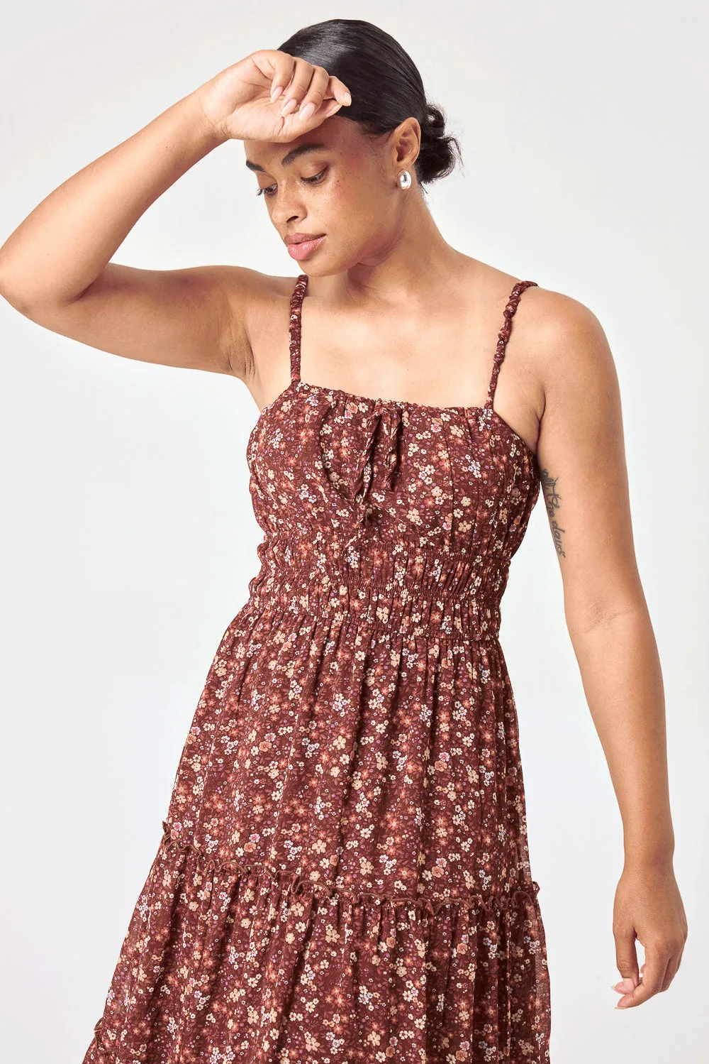 Brown Floral Cinched Waist Tier Dress