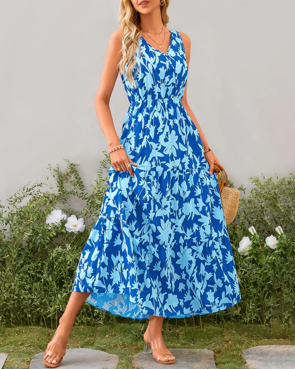 BTFBM Women Summer Dresses Casual Sleeveless Maxi Dresses Cute Floral Long Dress Wedding Guest Dress