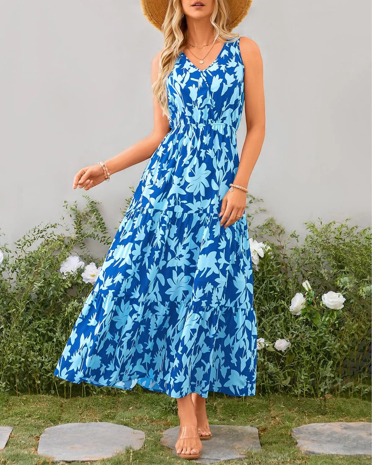 BTFBM Women Summer Dresses Casual Sleeveless Maxi Dresses Cute Floral Long Dress Wedding Guest Dress
