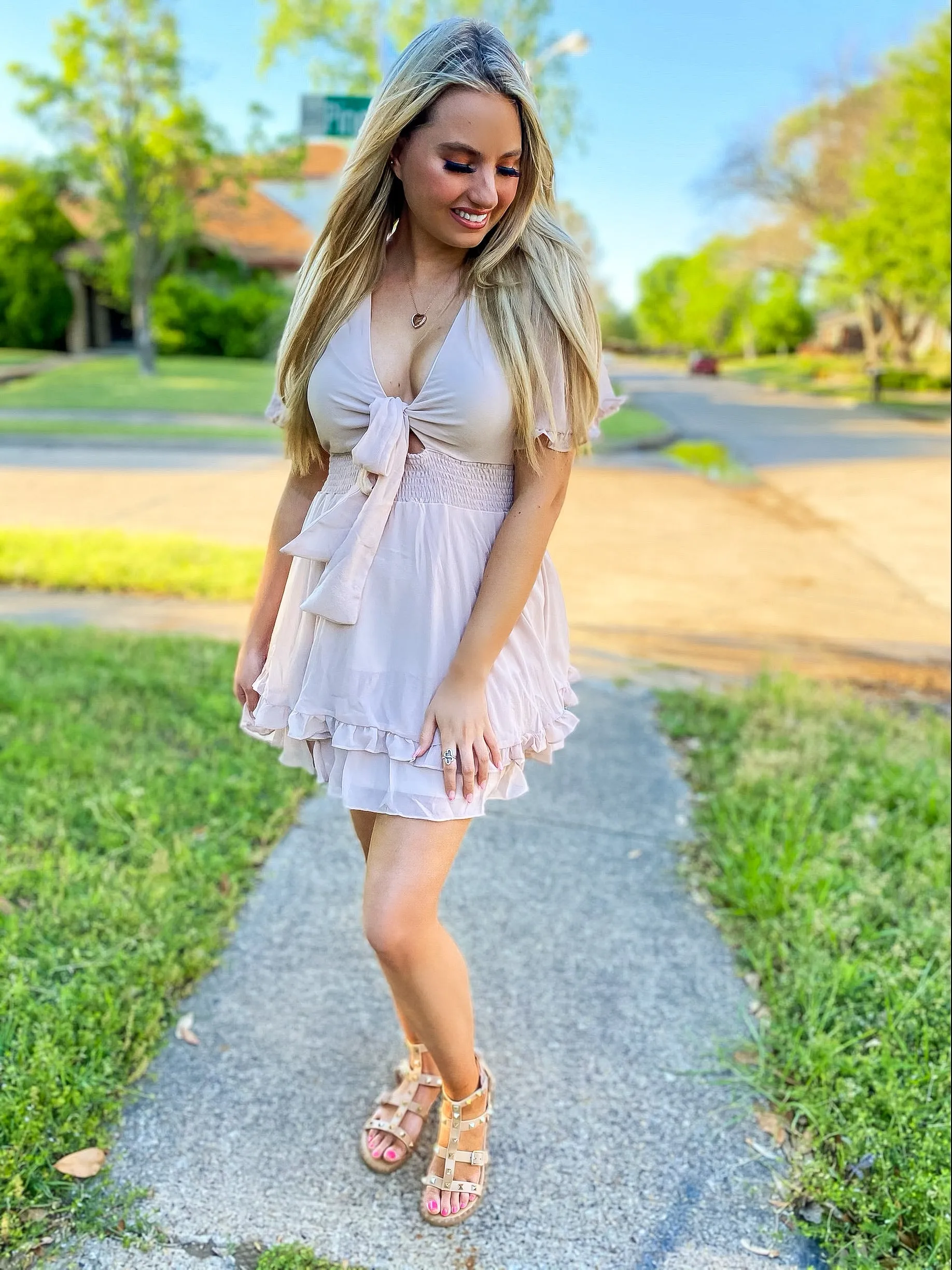 Call Me Angel Blush Ruffle Detail Cinched Waist Dress