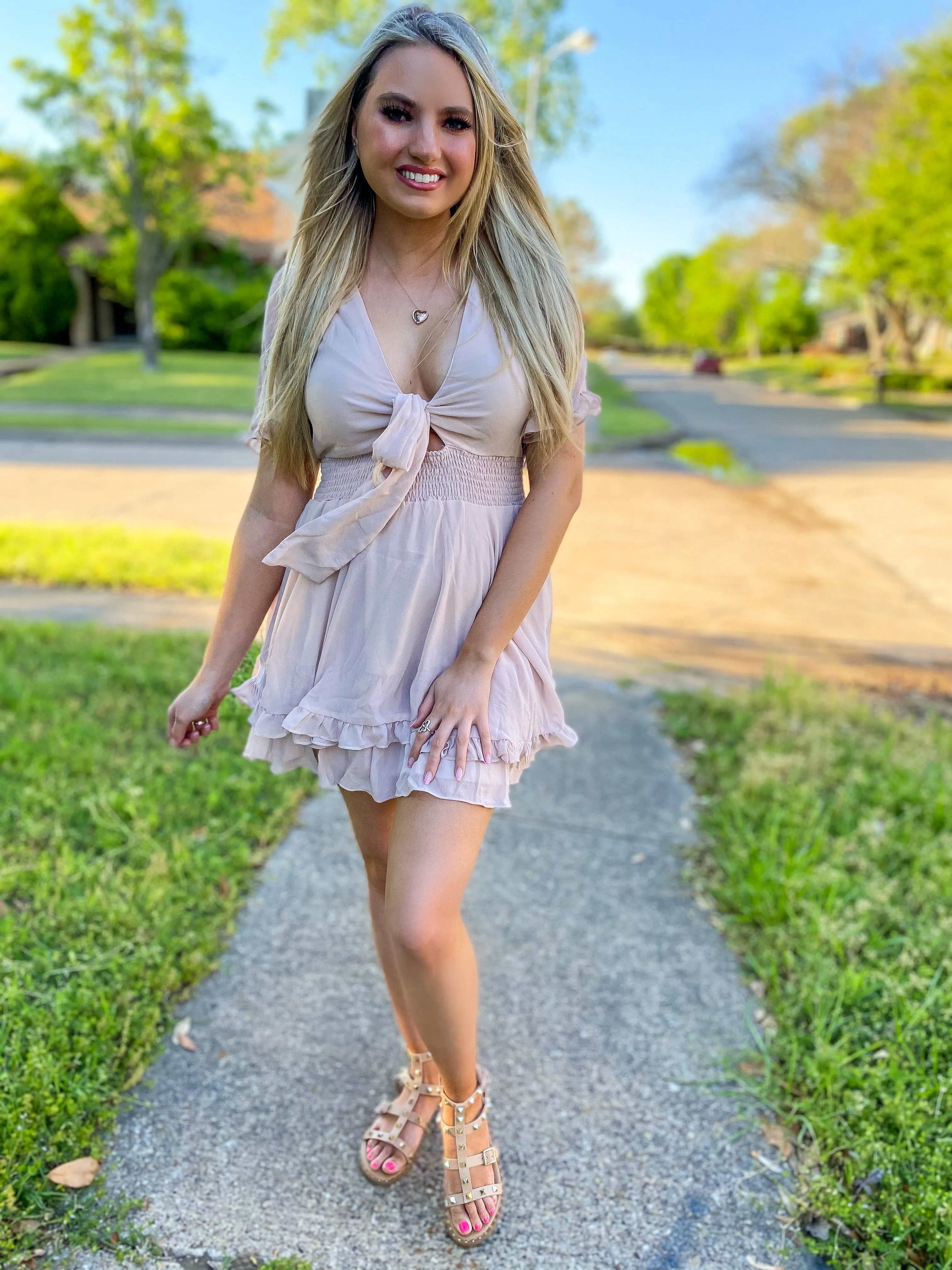 Call Me Angel Blush Ruffle Detail Cinched Waist Dress