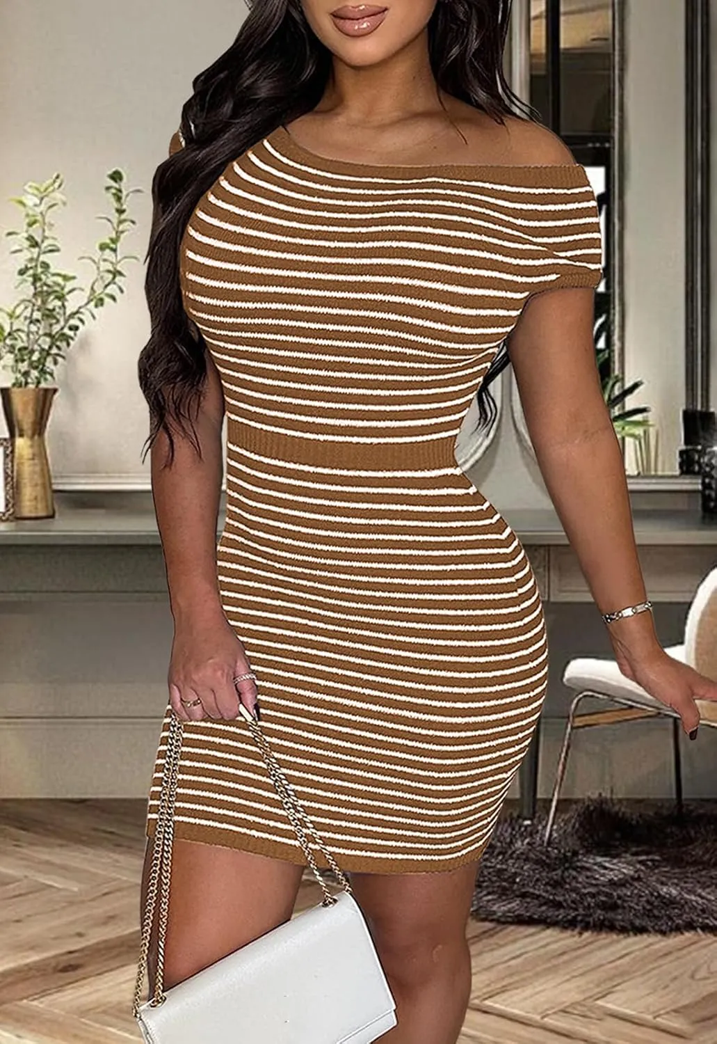 CutieLove Women's Summer Ribbed Knit Dress Striped Short Sleeve Bodycon Casual Mini Dresses