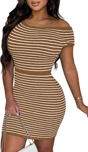 CutieLove Women's Summer Ribbed Knit Dress Striped Short Sleeve Bodycon Casual Mini Dresses