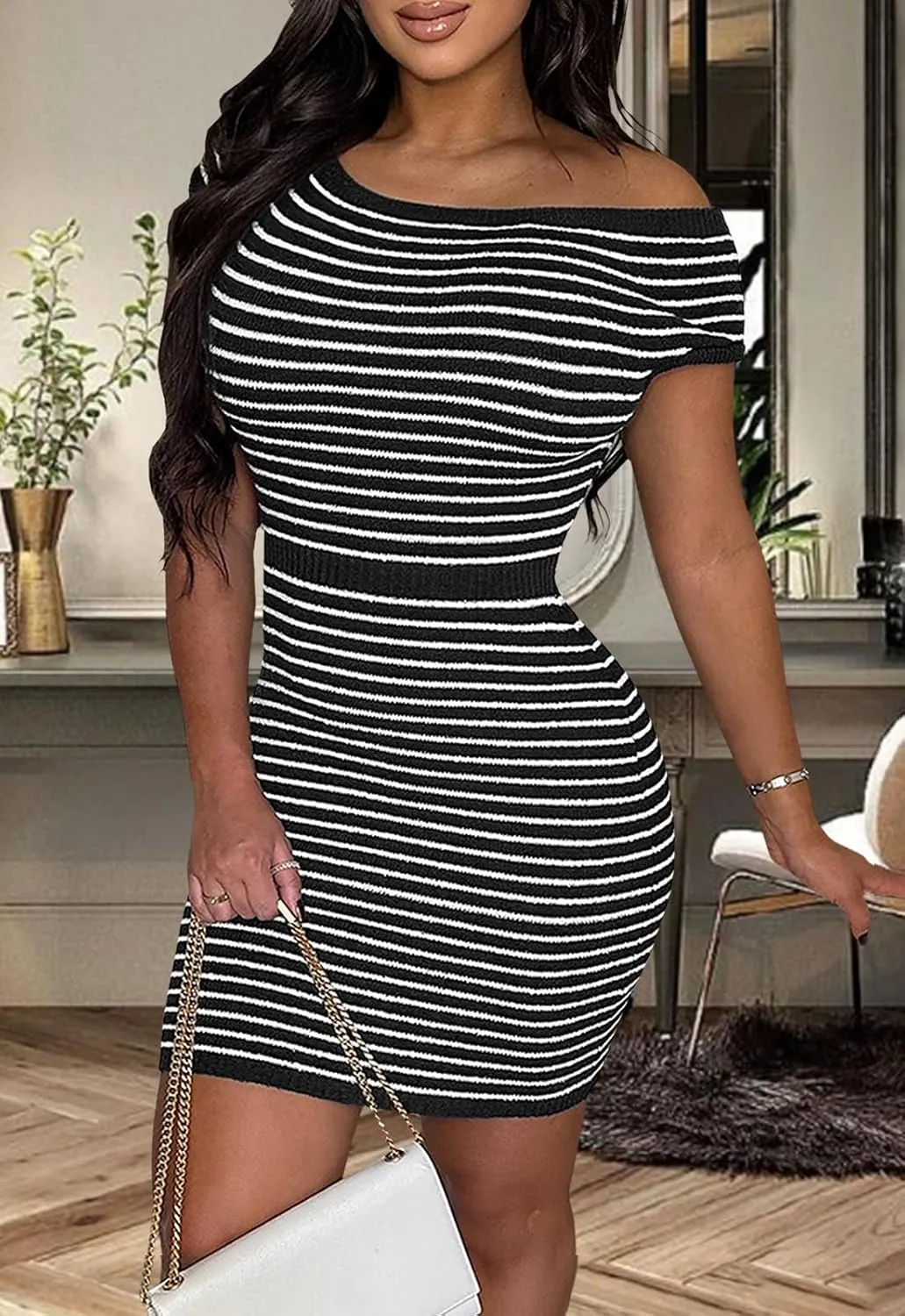 CutieLove Women's Summer Ribbed Knit Dress Striped Short Sleeve Bodycon Casual Mini Dresses