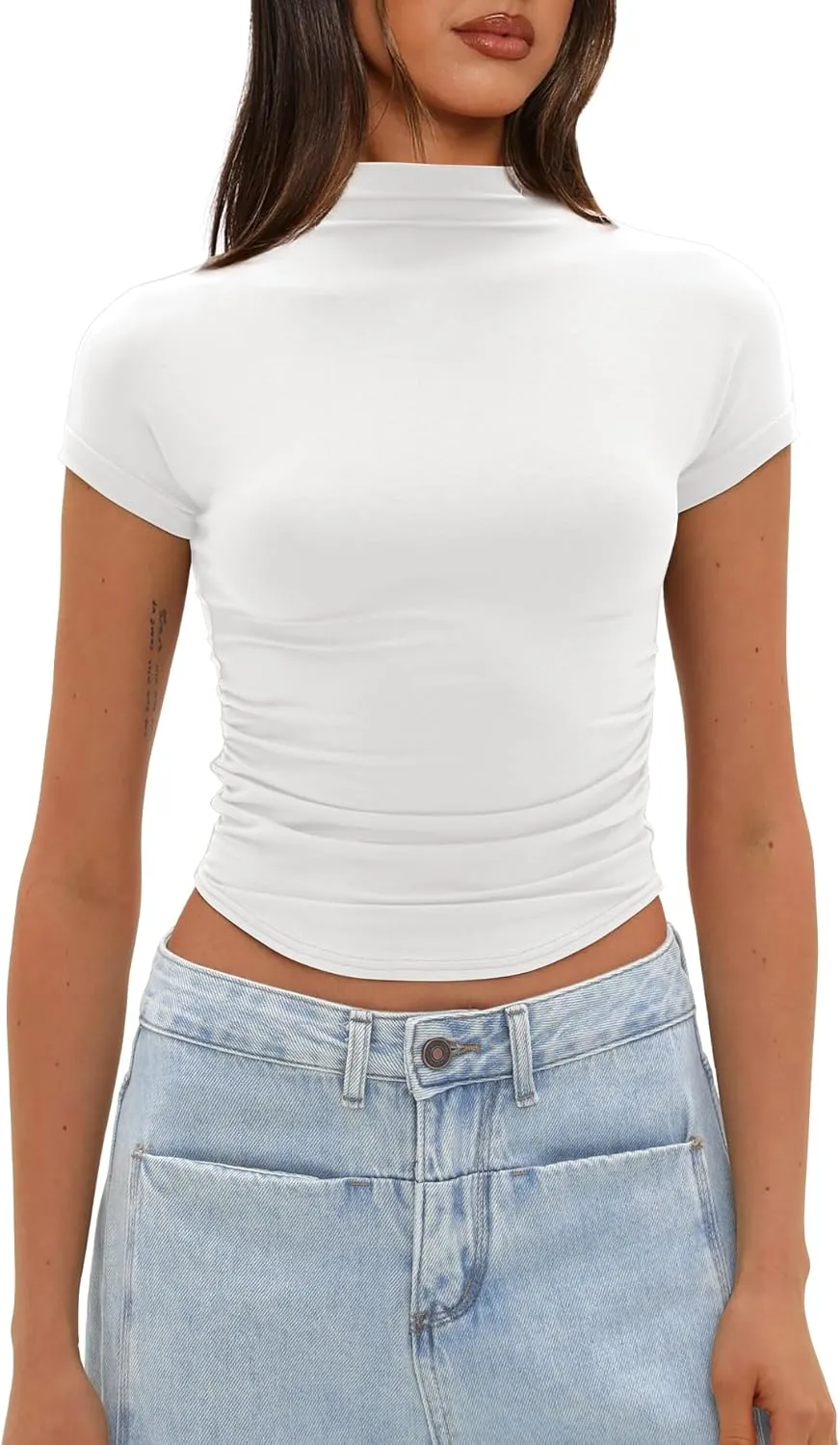 Darong Womens Summer Tops Mock Neck Short Sleeve Shirts Casual Basic Going Out Crop Tops Slim Fit T Shirts
