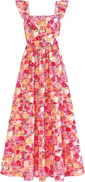 dowerme Summer Dresses for Women 2025 Casual Ruffle Smocked Tiered A-Line Boho Floral Maxi Beach Sun Dress with Pockets
