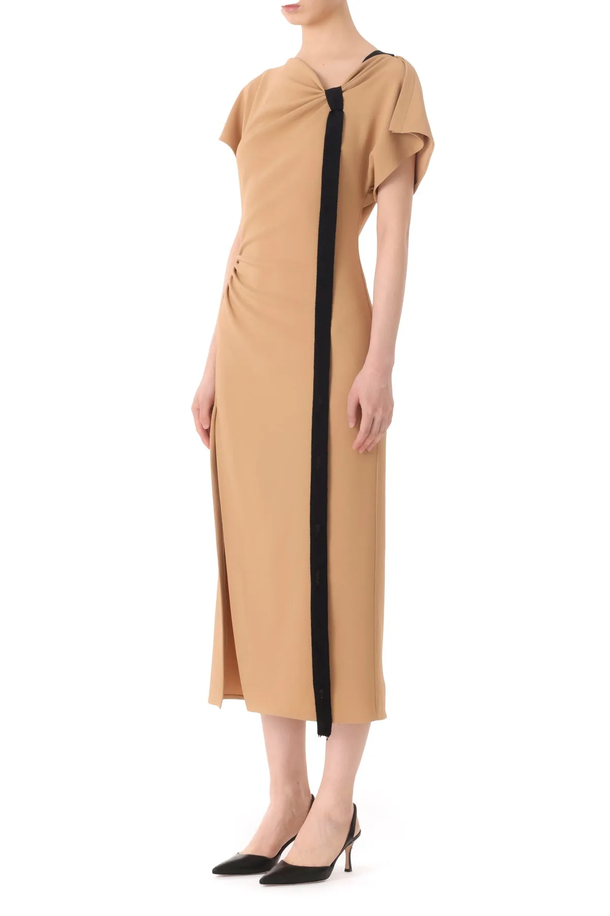 DRAPED NECK FLUID CREPE DRESS WITH TIE DETAIL