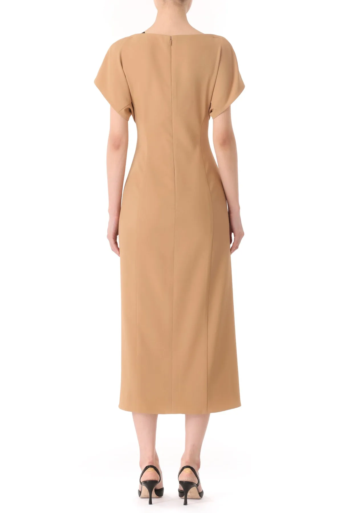 DRAPED NECK FLUID CREPE DRESS WITH TIE DETAIL