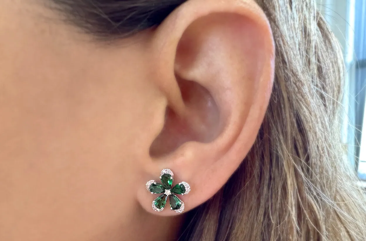 Earrings 18kt Gold Flowers Pear Tsavorite Garnets & Diamonds