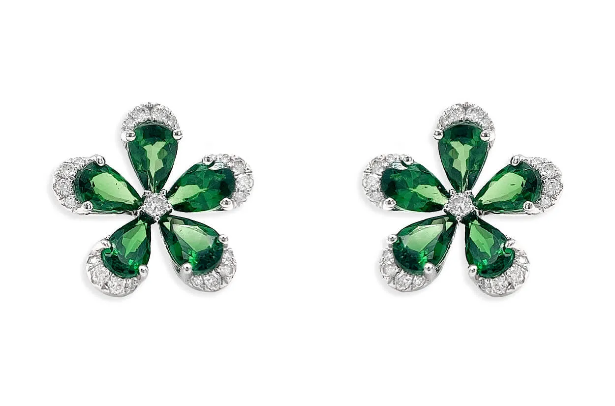 Earrings 18kt Gold Flowers Pear Tsavorite Garnets & Diamonds