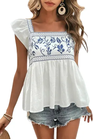 ebossy Women's Floral Embroidery Peplum Blouse Flutter Sleeve Square Neck Summer Tops Beachwear