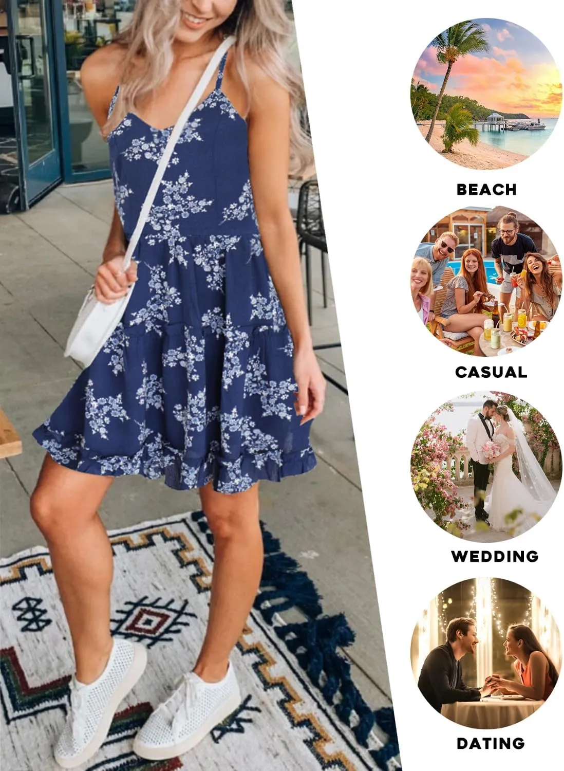 FANCYINN Women Floral Casual Tiered Mini Dresses Spaghetti Strap V Neck Backless A Line Swing Short Dress with Pockets