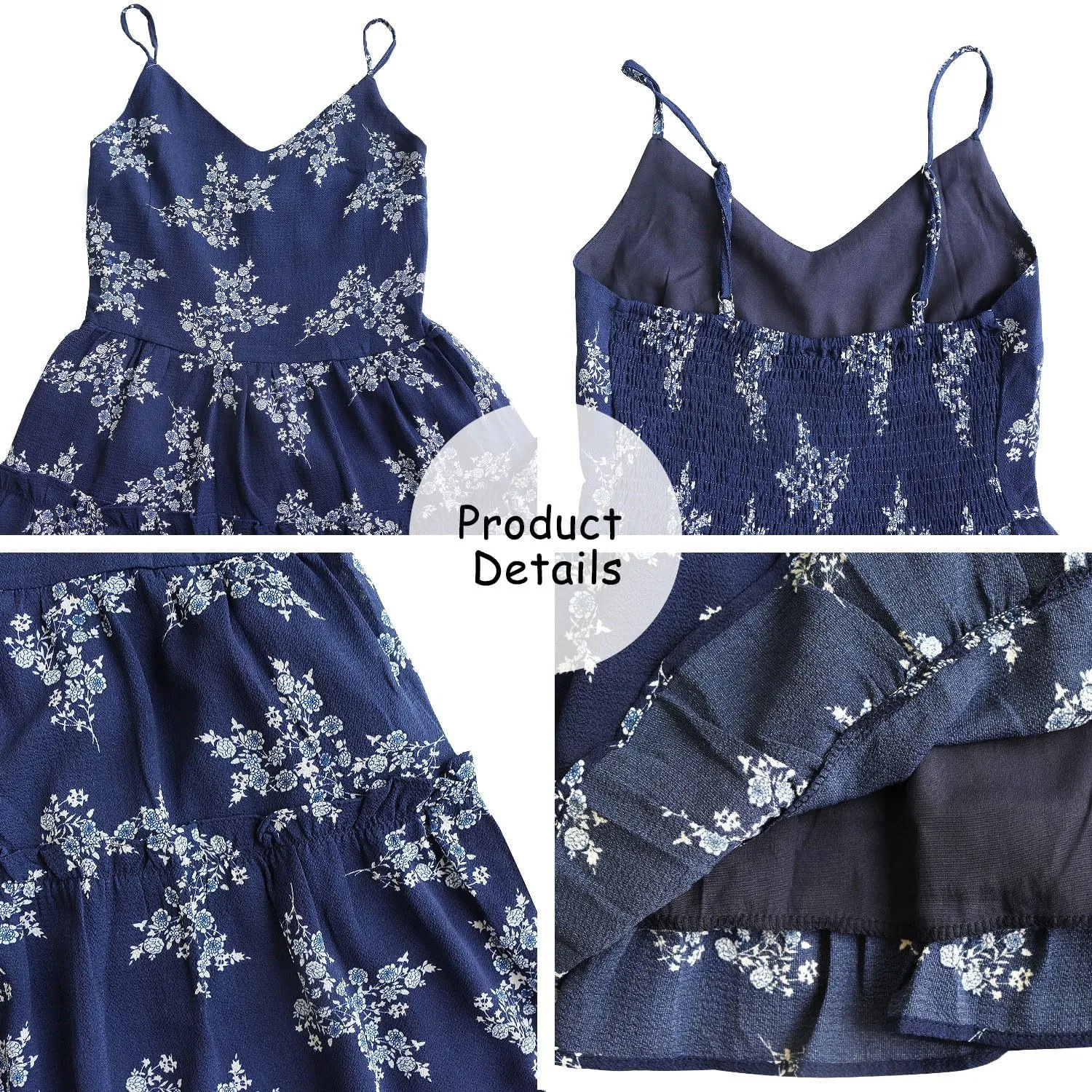 FANCYINN Women Floral Casual Tiered Mini Dresses Spaghetti Strap V Neck Backless A Line Swing Short Dress with Pockets