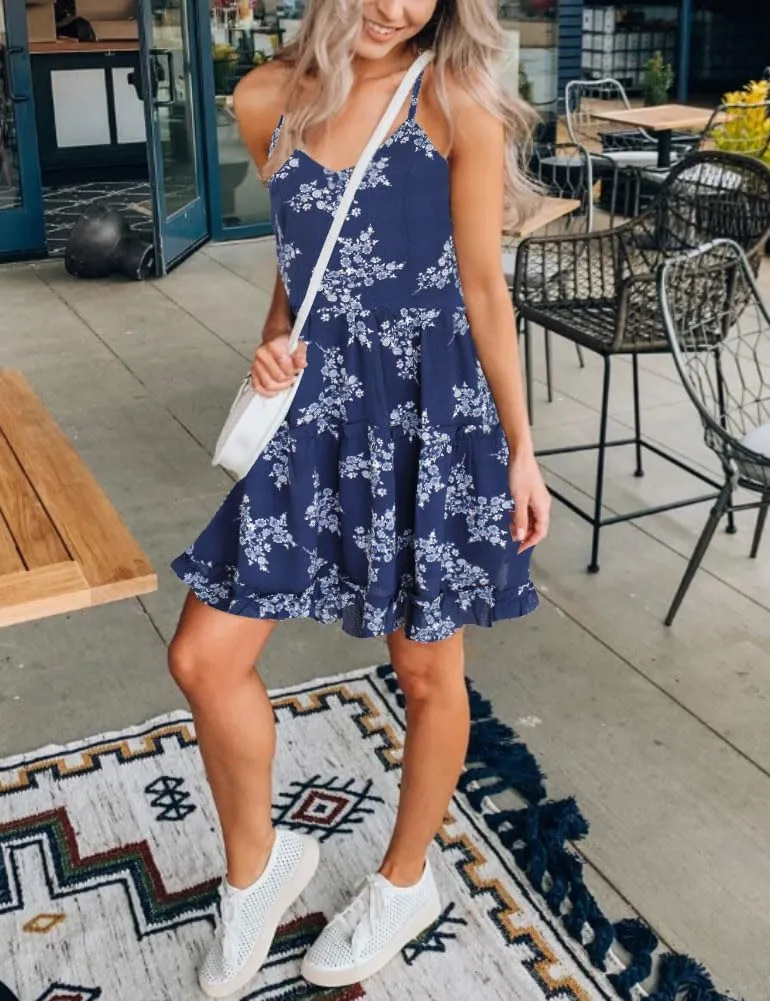 FANCYINN Women Floral Casual Tiered Mini Dresses Spaghetti Strap V Neck Backless A Line Swing Short Dress with Pockets